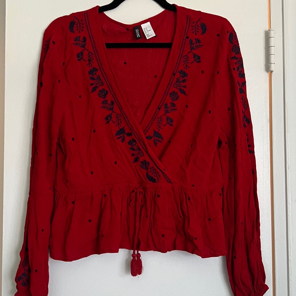 H&M Red Long Sleeve Wrap Top with Navy Embroidering